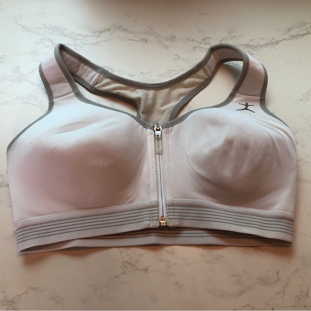 Front-Zip High-Impact Sports Bra in White with Gray Trim